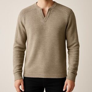 Le Château Textured Knit Split-Neck Sweater in Taupe – Size M
